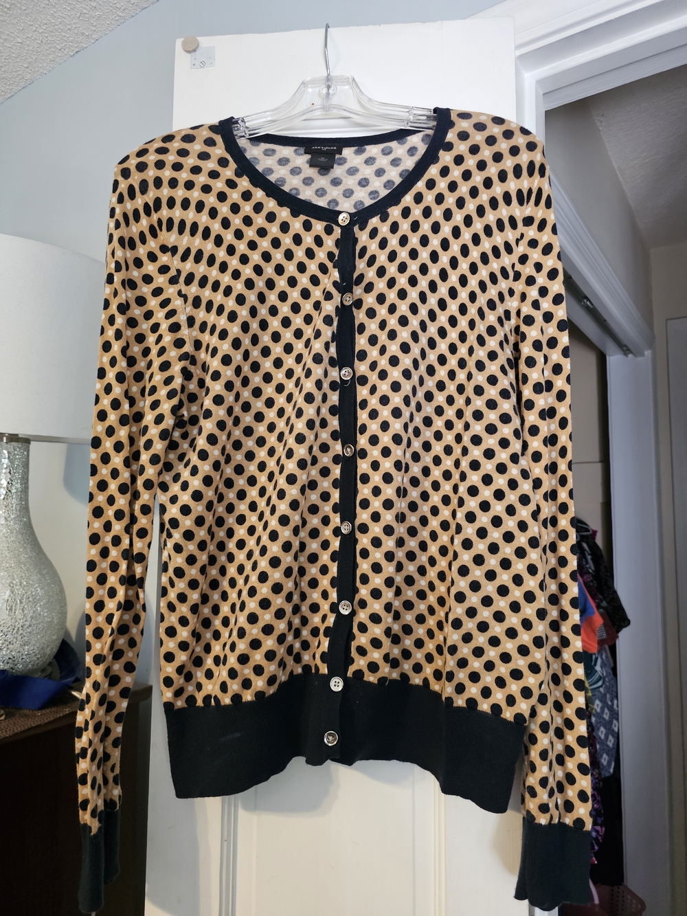4/$25 Ann Taylor Black Polka Dot Cardigan on Tan